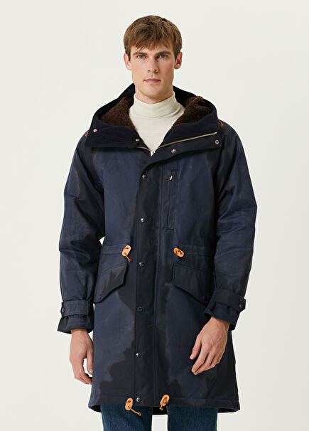 Navy Blue Hooded Camouflage Patterned Parka