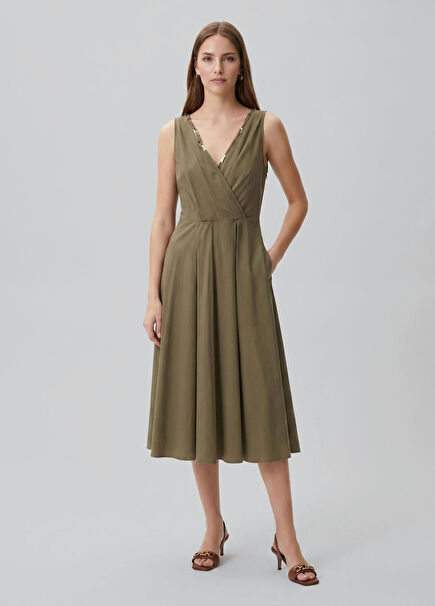 Khaki Pleat Detail Midi Dress