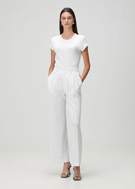 Beyaz Zikzak Desenli Pantolon