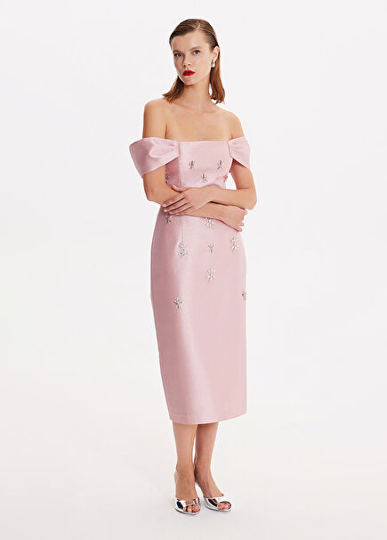 Grasia Light Pink Embroidered Women's Midi Evening Dress