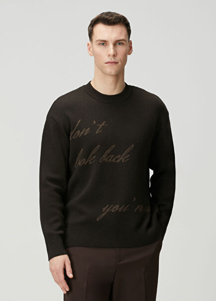 Brown Slogan Jacquard Wool Sweater