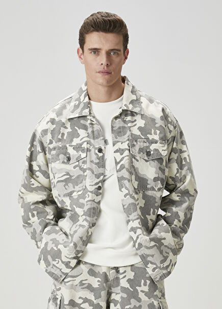 Haki Kamuflaj Desenli Oversized Denim Ceket
