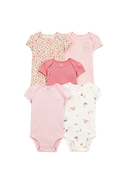 Pembe Pamuklu Çıtçıtlı Kısa Kollu Kız Bebek 5'li Body Seti
