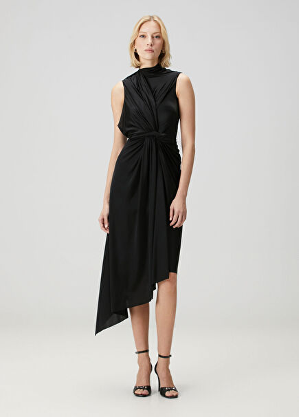 Black Draped Asymmetrical Cut Midi Evening Dress