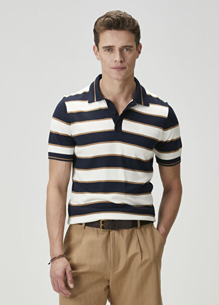 Navy Blue Striped Short Sleeve Polo Sweater