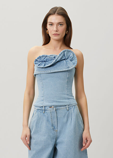 Mavi Volanlı Denim Bluz
