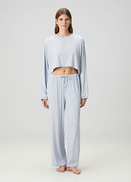Henley Cropped Mavi Pijama Takımı