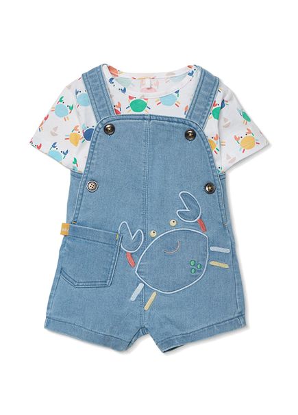 Mavi Yengeç Desenli Denim Erkek Bebek Salopet Set