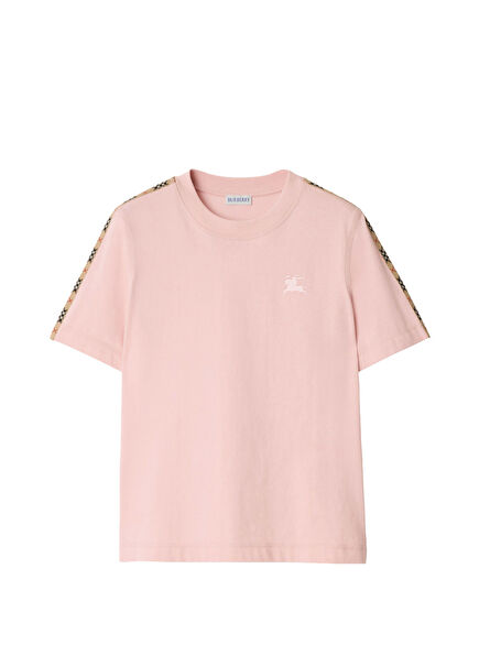 Check Trim Cotton Pembe Kısa Kollu Kadın T-Shirt