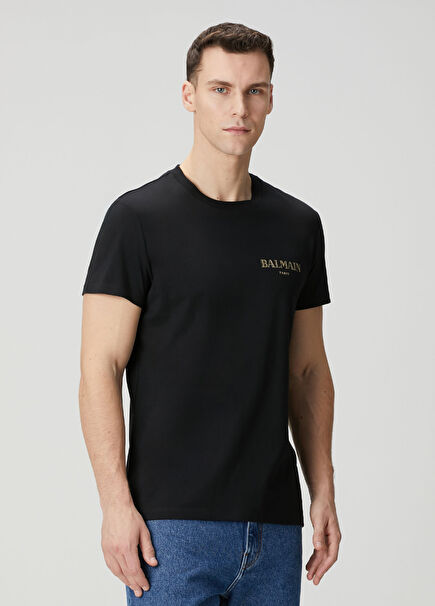 Siyah Gold Logo Baskılı Organik Pamuk T-shirt