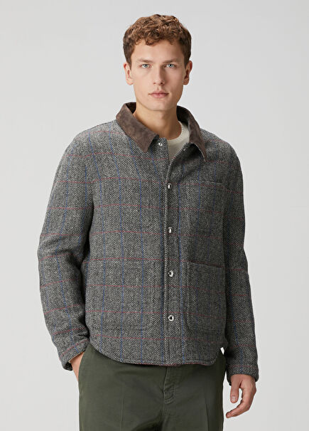 Gri Ekose Desenli Yün Ceket