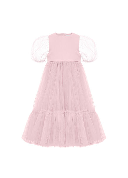 Pembe Tüllü Maxi Kız Çocuk Elbise