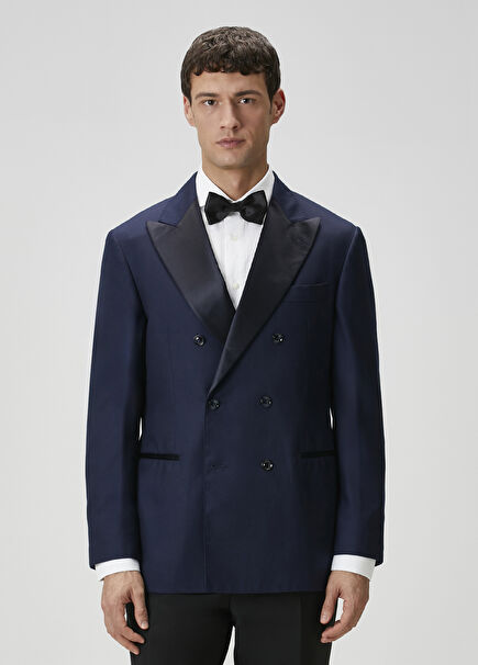 Navy Blue Silk Double-Breasted Tuxedo Jacket