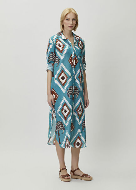 Karel Turquoise Patterned Midi Shirt Dress