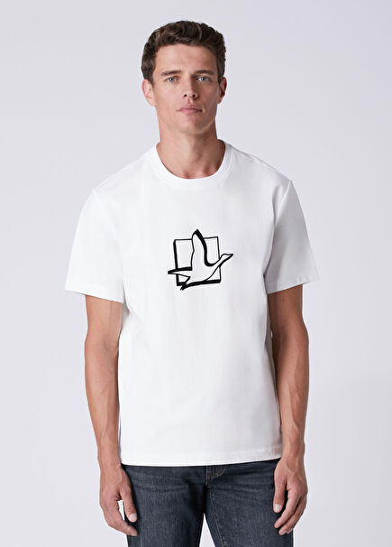 Relax Fit Kırık Beyaz Kare Kaz Baskılı T-shirt