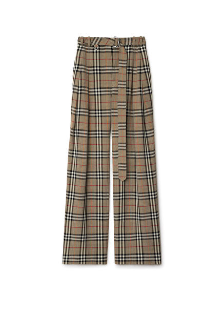 Check Silk Blend Belted Beige Viscose Women's Trousers