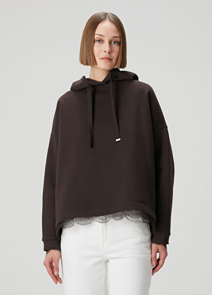 Nia Kahverengi Kapüşonlu Dantelli Sweatshirt