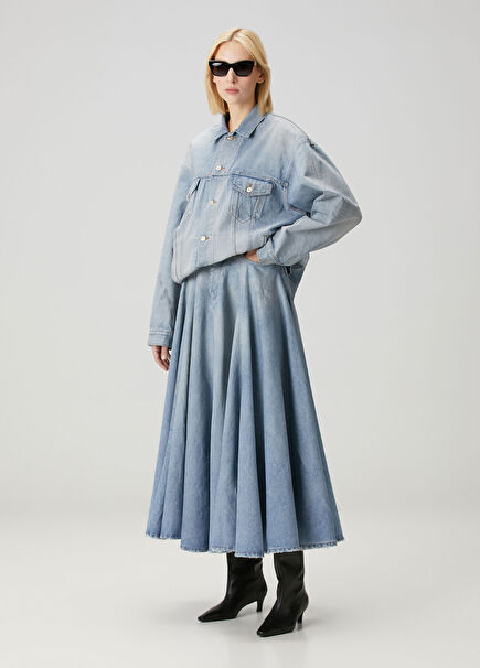 Godet Açık Mavi Maxi Denim Etek