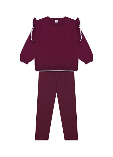 Beyaz Fırfırlı Bordo Triko Sweatshirt Tayt Kız Çocuk Takım