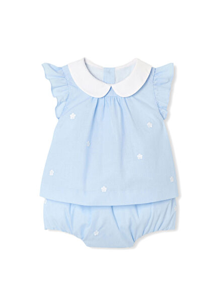 Blue Cotton Peter Pan Neck Ruffle Sleeve Blouse and Shorts Baby Girl Set of 2