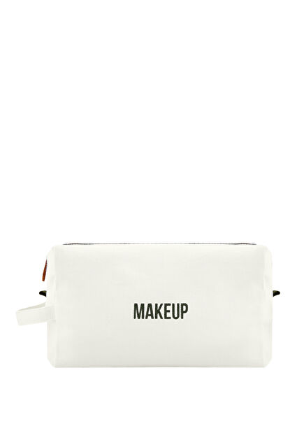 Makeup Large Ecru Canvas Text Detailed Women's Makeup Bag