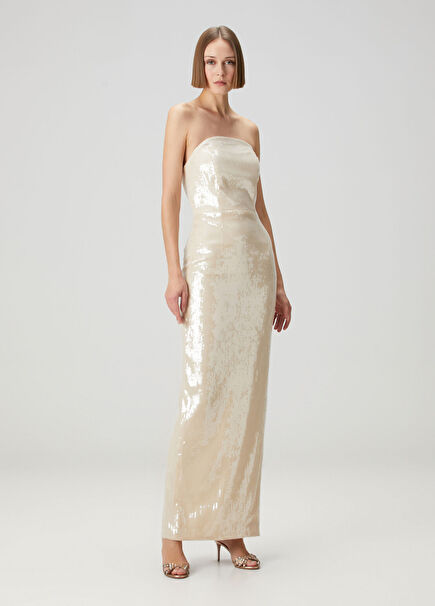 Cream Sequined Maxi Evening Dress
