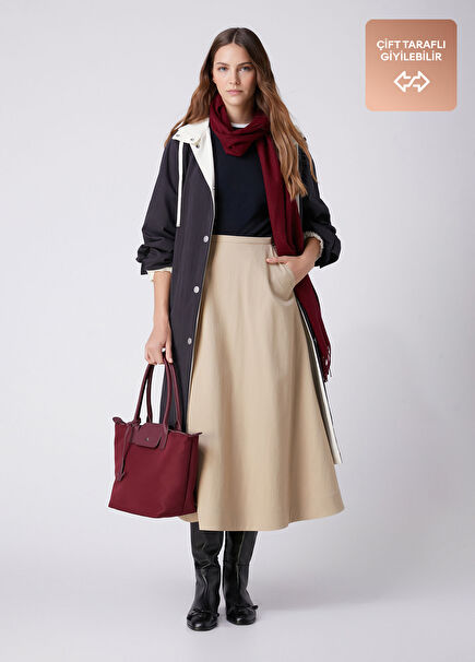 Navy Blue Ecru Reversible Hooded Trench Coat