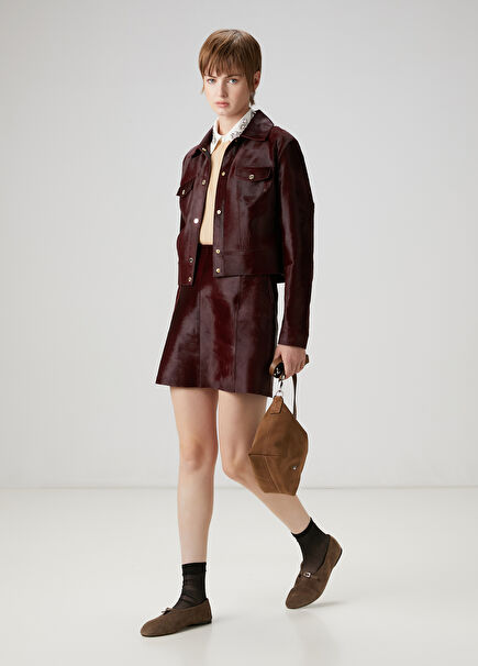 Burgundy Down Leather Mini Skirt