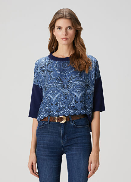 Dark Blue Patterned Silk Knitwear