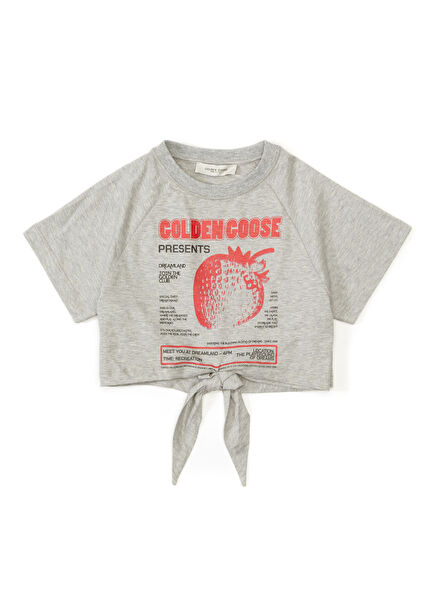 Gri Kırmızı Bağcık Detaylı Kız Çocuk T-shirt