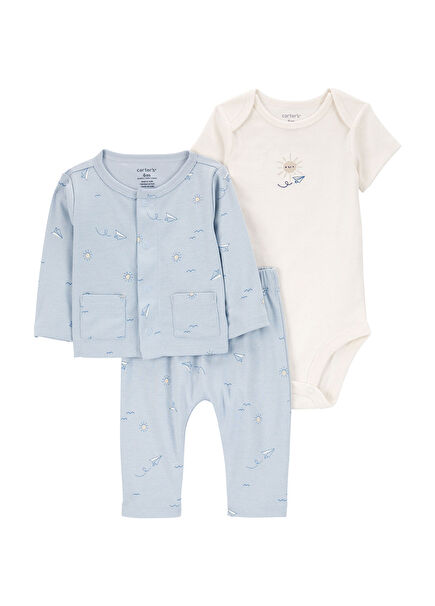 Mavi Erkek Bebek 3'lü Hırkalı Set 