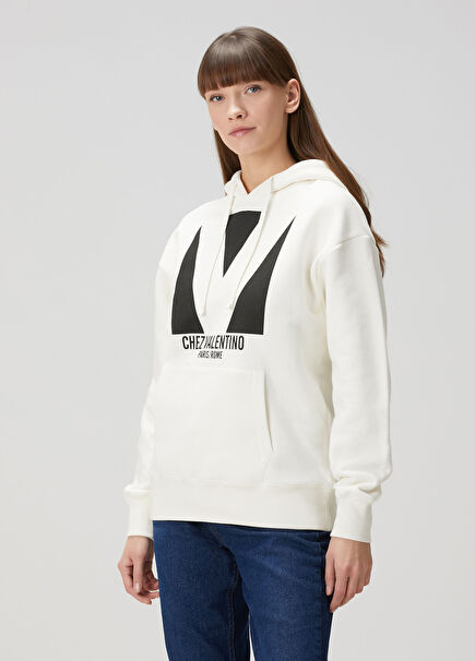 Chez Valentino Beyaz Kapüşonlu Sweatshirt