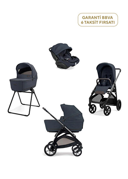 Aptica Glam Sapphire Blue Baby Stroller and Darwin Recline Evo 4-Piece Travel System Baby Stroller with Baby Lap