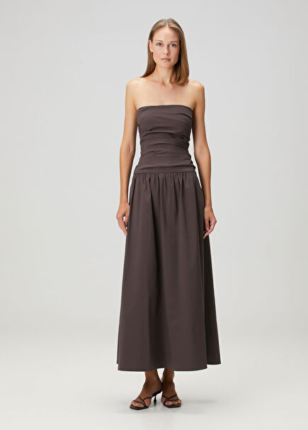 Dark Brown Draped Strapless Midi Dress