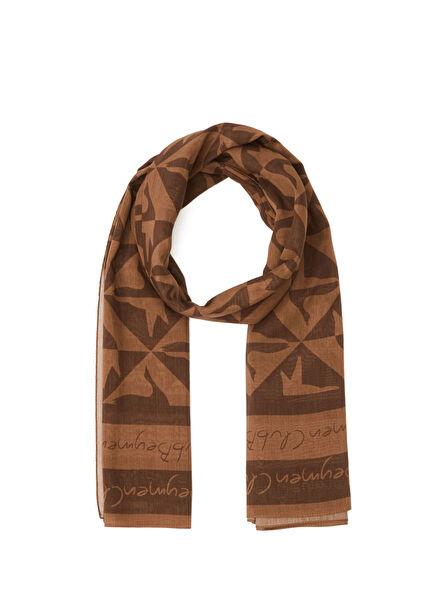 Kahverengi Club Monogram Kadın Pamuk İpek Şal