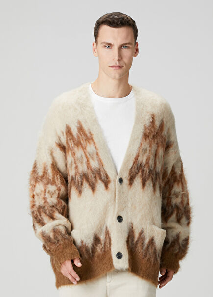 Bej Etnik Desen Jakarlı Yün Triko Hırka