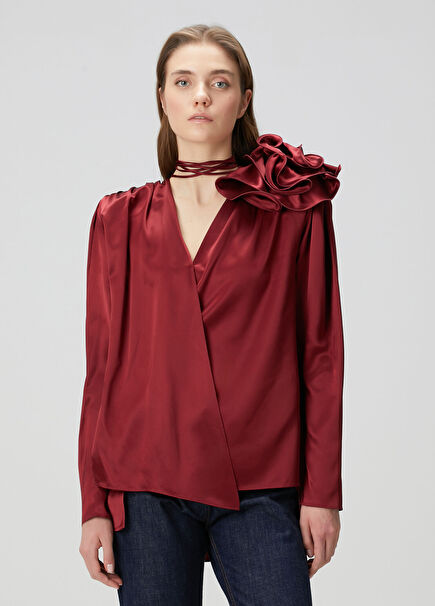 Bordo Aplikeli İpek Saten Bluz