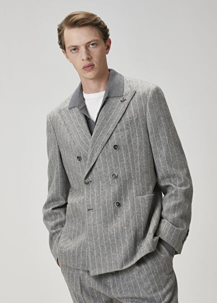 Gray Stripe Pattern Double-Breasted Jacket