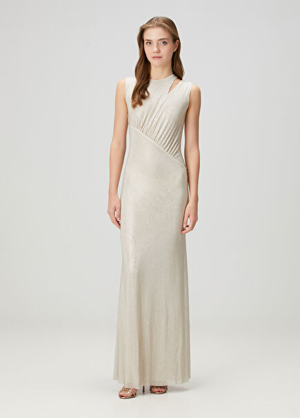 Champagne Embellished Maxi Evening Dress