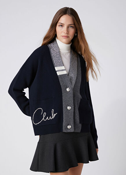 Navy Blue Crystal Logo College Cardigan
