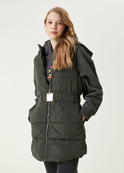 Haki Kapüşonlu Puff Yelek