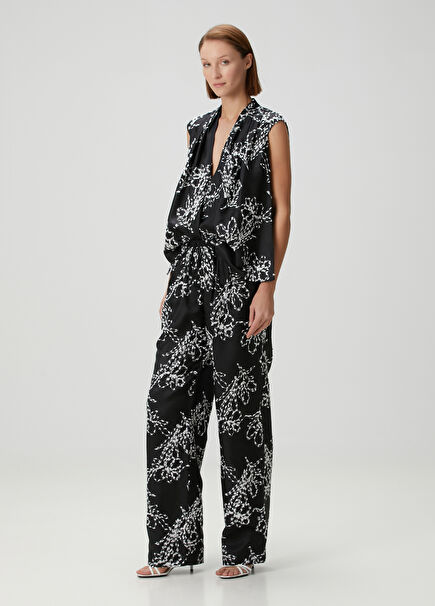 Markos Black Floral Embroidered Silk Pants