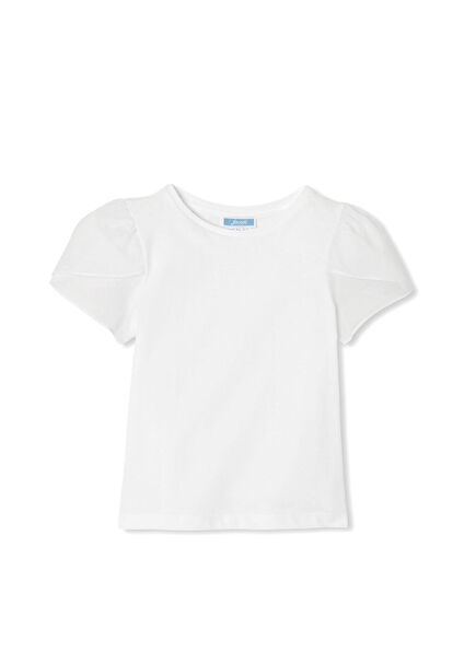 Beyaz Lale Kol Detaylı Pamuklu Kız Çocuk T-Shirt