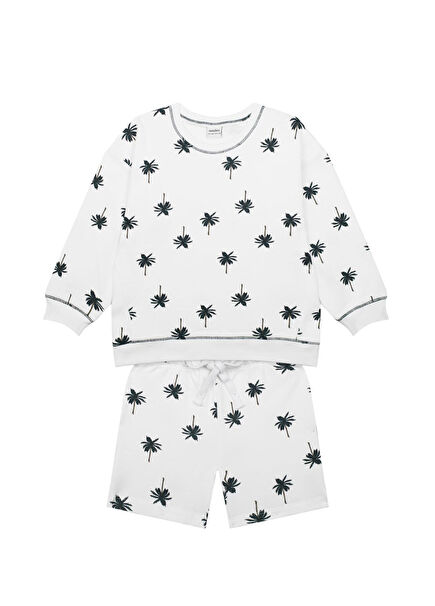 Beyaz Palmiye Desenli Sweatshirt & Şort Erkek Çocuk 2'li Set