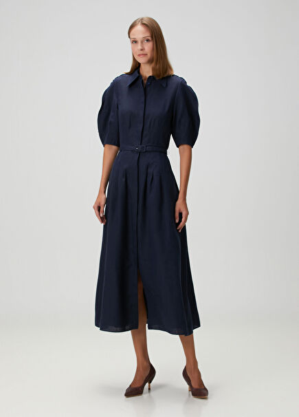 Navy Midi Linen Shirt Dress