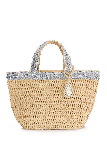 Micro Loulou Hand Knitted Silver Natural Women's Beach Bag