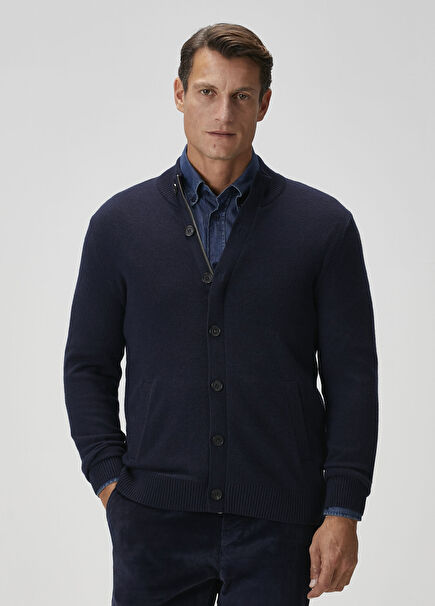 Navy Blue Wool Knit Cardigan