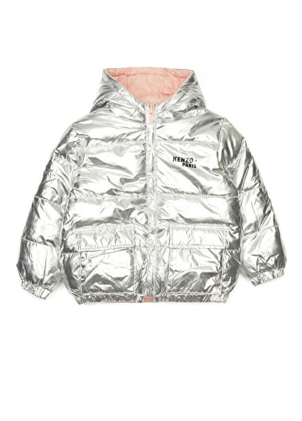 Grey Pink Hooded Reversible Girls' Jacket