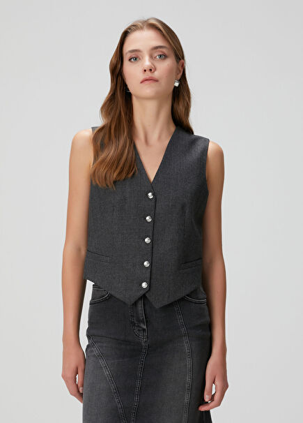 Antrasit Yün Karışımlı Yelek