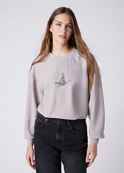 Grey Embroidered Logo Crepe Blouse